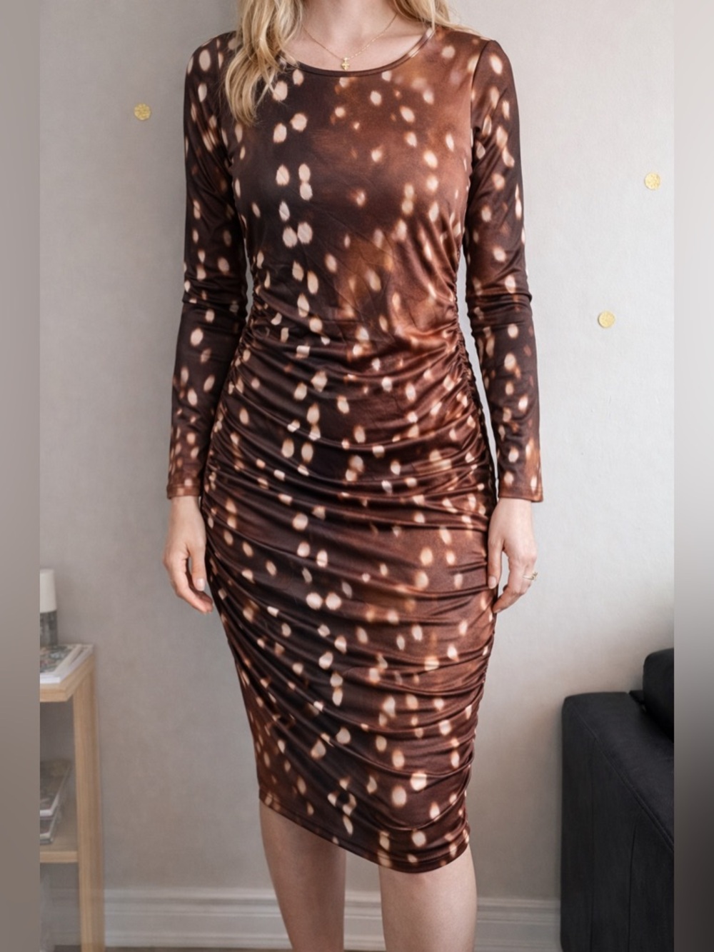 Brown Deer Print Ruched Bodycon Midi Dress